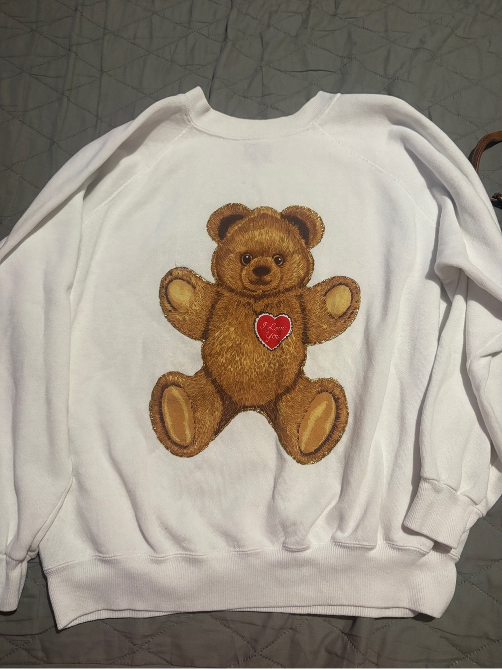 Hanes White Crewneck Sweatshirt with Brown Teddy Bear Patch